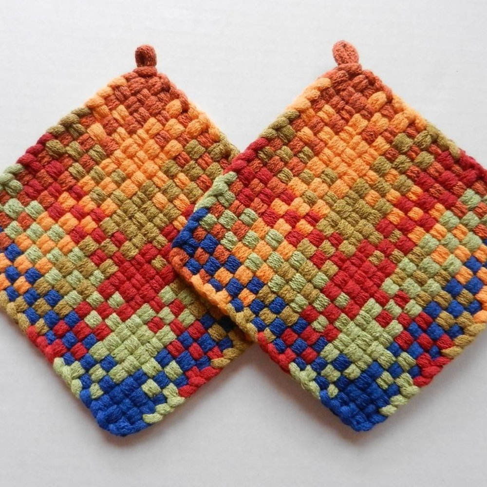 Set of 2 Handmade Artisan Cotton Woven Loomed Fiesta Potholders Hot Pads Trivets